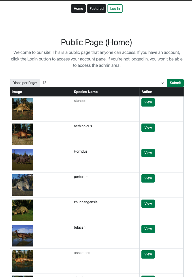 DinoBase dinosaur catalogue landing page